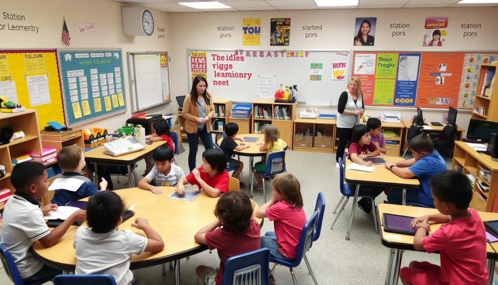 Teachers engaged in station teaching with students working in small groups around the classroom Teachers engaged in station teaching with students working in small groups around the classroom