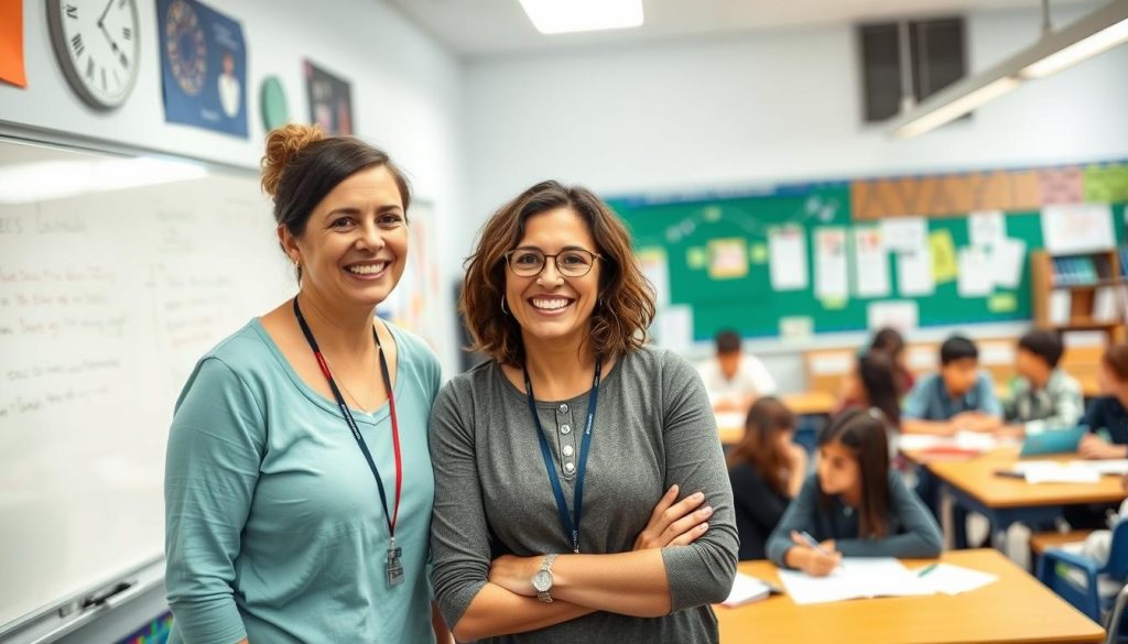 Two co-teachers smiling together in a classroom after a successful lesson, surrounded by engaged students Two co-teachers smiling together in a classroom after a successful lesson, surrounded by engaged students