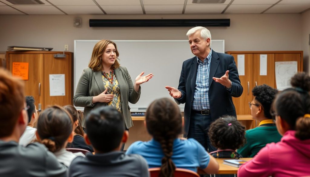 Two co-teachers standing together at the front of a classroom, presenting a united front while addressing their students Two co-teachers standing together at the front of a classroom, presenting a united front while addressing their students