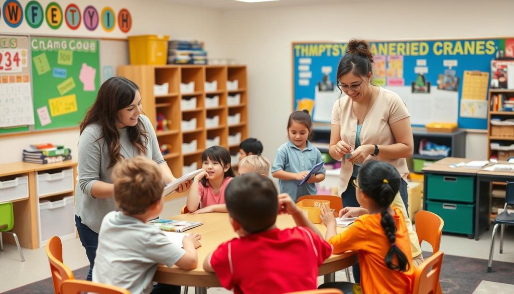 Two co-teachers working with small groups of students in a classroom, demonstrating the reduced student-to-teacher ratio benefit of co-teaching Two co-teachers working with small groups of students in a classroom, demonstrating the reduced student-to-teacher ratio benefit of co-teaching
