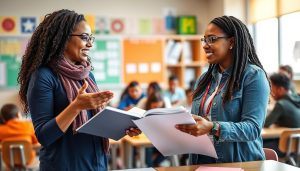 Two teachers collaborating in a classroom implementing effective strategies Two teachers collaborating in a classroom implementing effective strategies