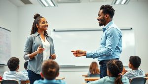 Two teachers collaborating in a classroom setting demonstrating co teaching strategies and Two teachers collaborating in a classroom setting, demonstrating co teaching strategies and tips