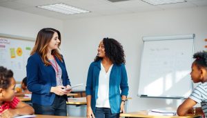 Two teachers collaborating in a classroom to support student learning Two teachers collaborating in a classroom to support student learning