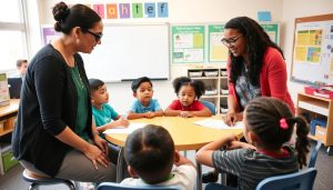 Two teachers collaborating in a classroom with students engaged in small group work Two teachers collaborating in a classroom with students engaged in small group work