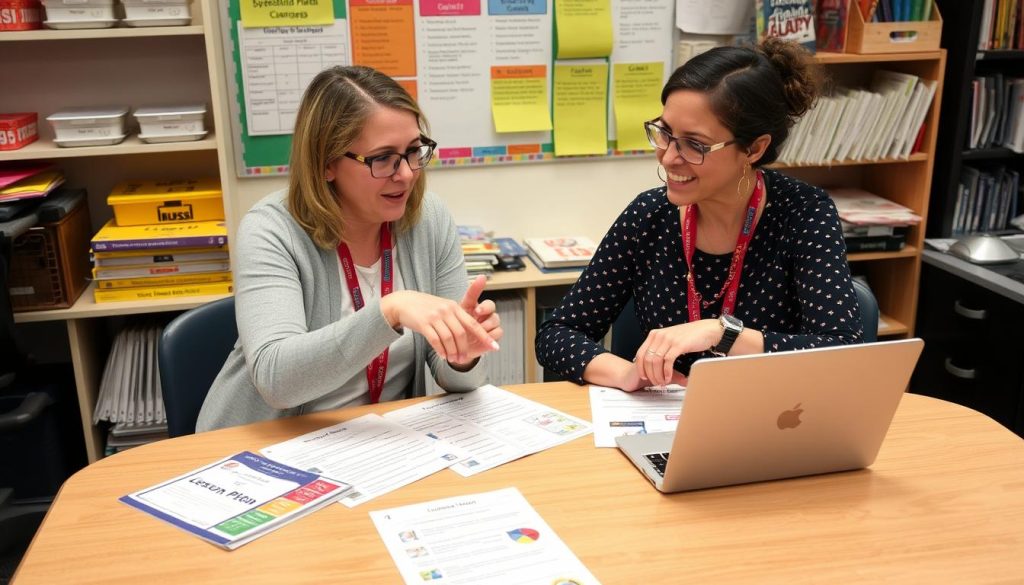 Two teachers engaged in collaborative planning for co-teaching, highlighting why co-teaching matters for teacher professional development Two teachers engaged in collaborative planning for co-teaching, highlighting why co-teaching matters for teacher professional development