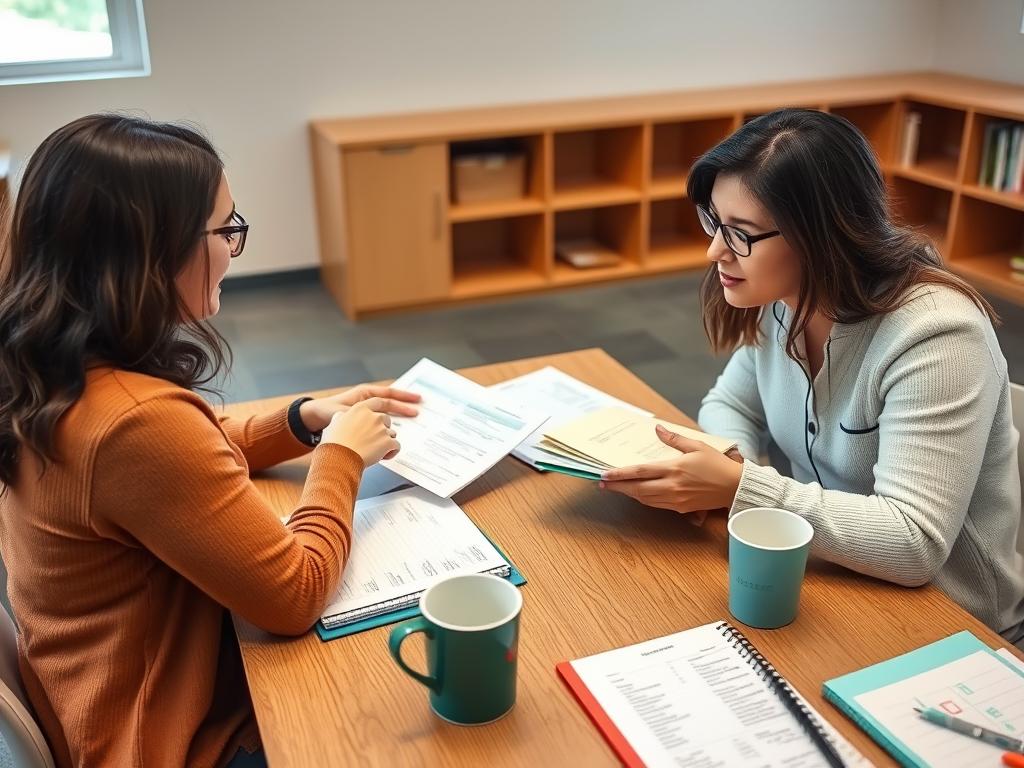 Two teachers having a professional discussion about co-teaching challenges, sitting at a table with planning materials and coffee Two teachers having a professional discussion about co-teaching challenges, sitting at a table with planning materials and coffee