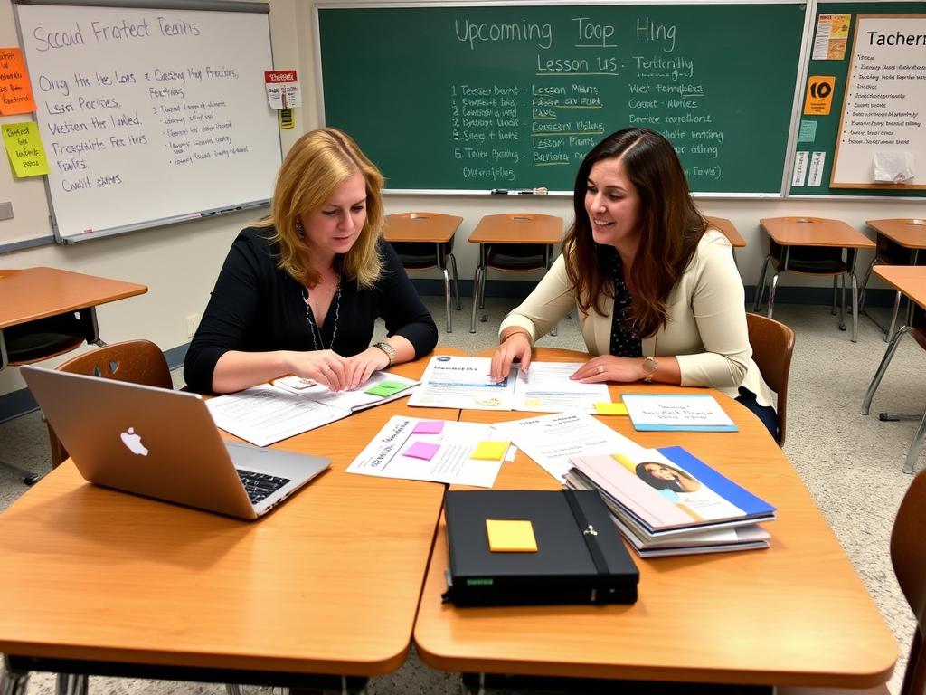Two teachers planning together at a table with lesson materials and a laptop Two teachers planning together at a table with lesson materials and a laptop