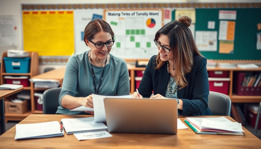 Two teachers planning together at a table with materials, preparing for co-teaching Two teachers planning together at a table with materials, preparing for co-teaching