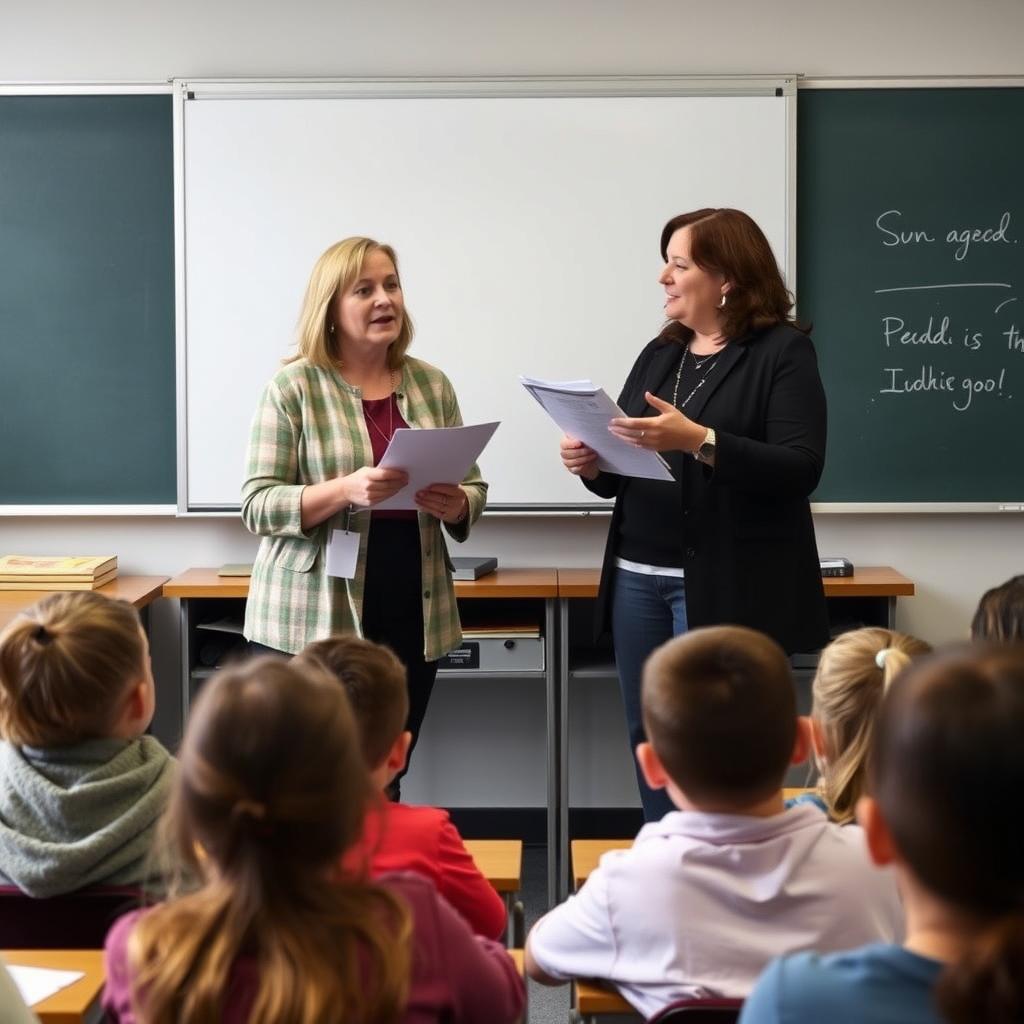 Two teachers team teaching in front of a classroom to support student learning Two teachers team teaching in front of a classroom to support student learning