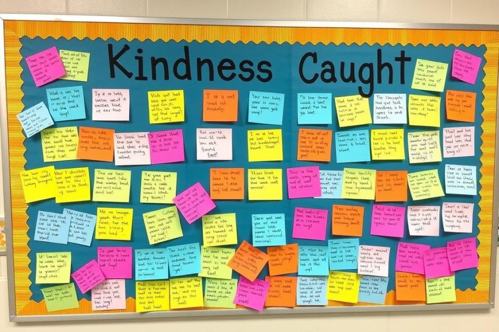 Classroom kindness board with student compliments and recognition notes Classroom kindness board with student compliments and recognition notes