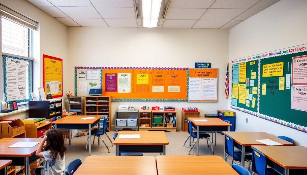 Classroom with Love and Logic Core Principles displayed on wall