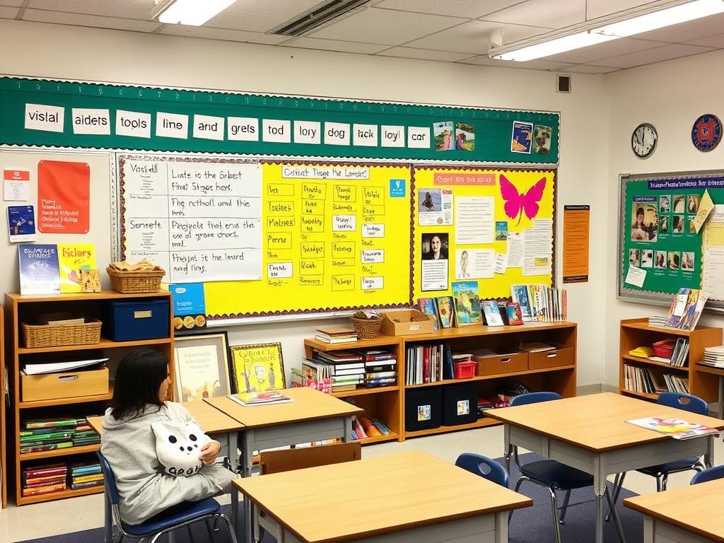 Classroom with visual aids, word walls, and culturally diverse materials supporting Techniques for Success for ELL students Classroom with visual aids, word walls, and culturally diverse materials supporting Techniques for Success for ELL students