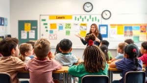 Diverse classroom of ELL students engaged in learning activities with teacher using Techniques Diverse classroom of ELL students engaged in learning activities with teacher using Techniques for Success