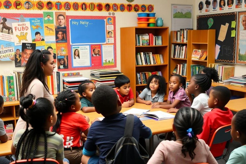 Diverse classroom with culturally responsive teaching materials supporting student success