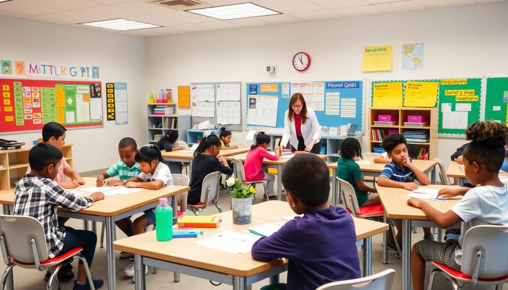 Diverse classroom with students collaborating while teacher facilitates inclusive education practices