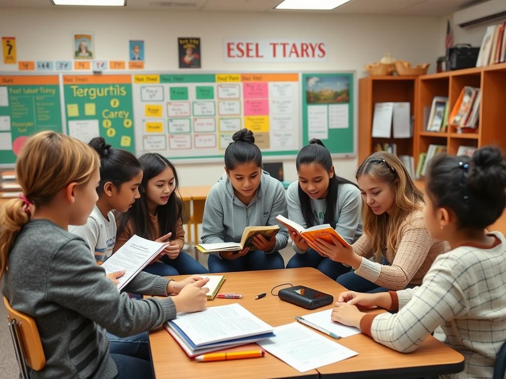 ESL students collaborating with native English speakers on a group project