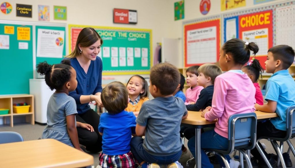 Elementary classroom with teacher offering choices to students during an activity Elementary classroom with teacher offering choices to students during an activity