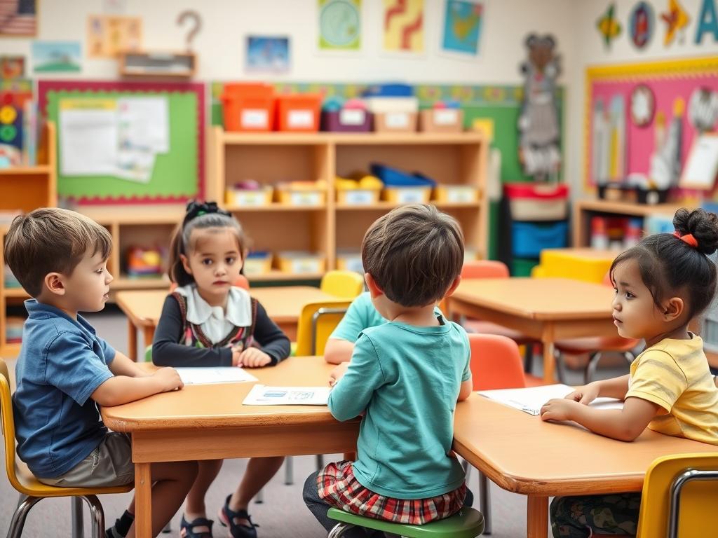 Elementary students selecting from different learning centers in a classroom