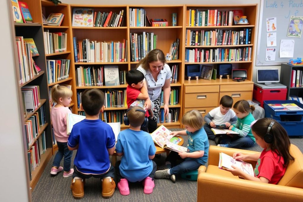 Elementary students selecting from reading corner options