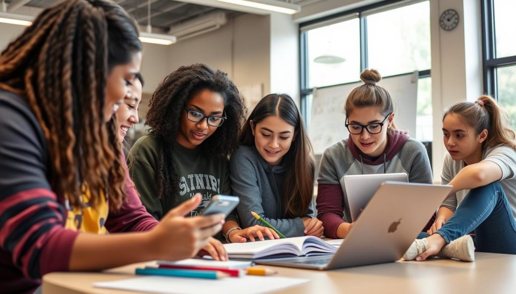 High school students collaborating on a project with multiple approach options High school students collaborating on a project with multiple approach options