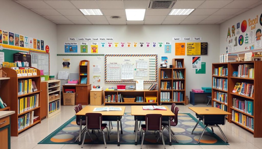 Inclusive classroom with multilingual labels, diverse literature, and collaborative seating arrangements Inclusive classroom with multilingual labels, diverse literature, and collaborative seating arrangements