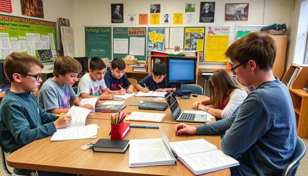 Middle school students researching historical periods and creating integrated projects that combine social studies and literacy standards Middle school students researching historical periods and creating integrated projects that combine social studies and literacy standards