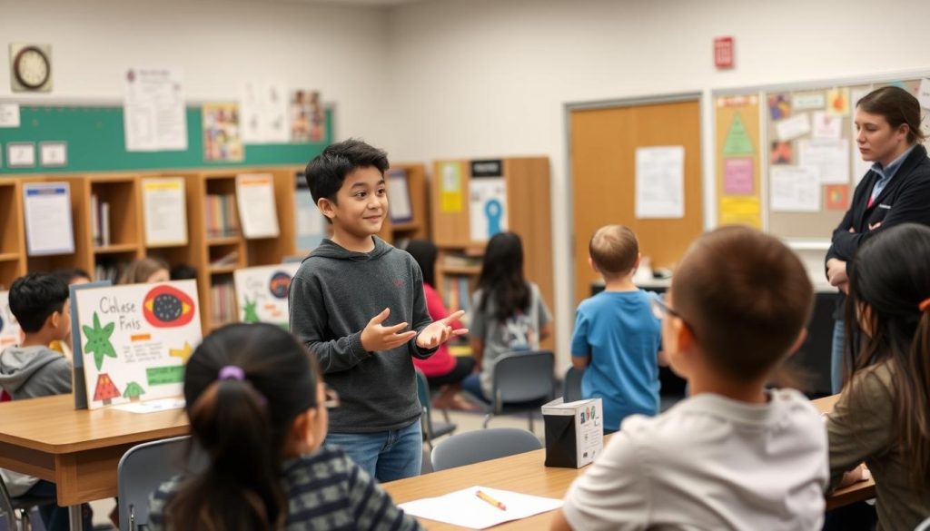 Student presenting their chosen project to classmates Student presenting their chosen project to classmates