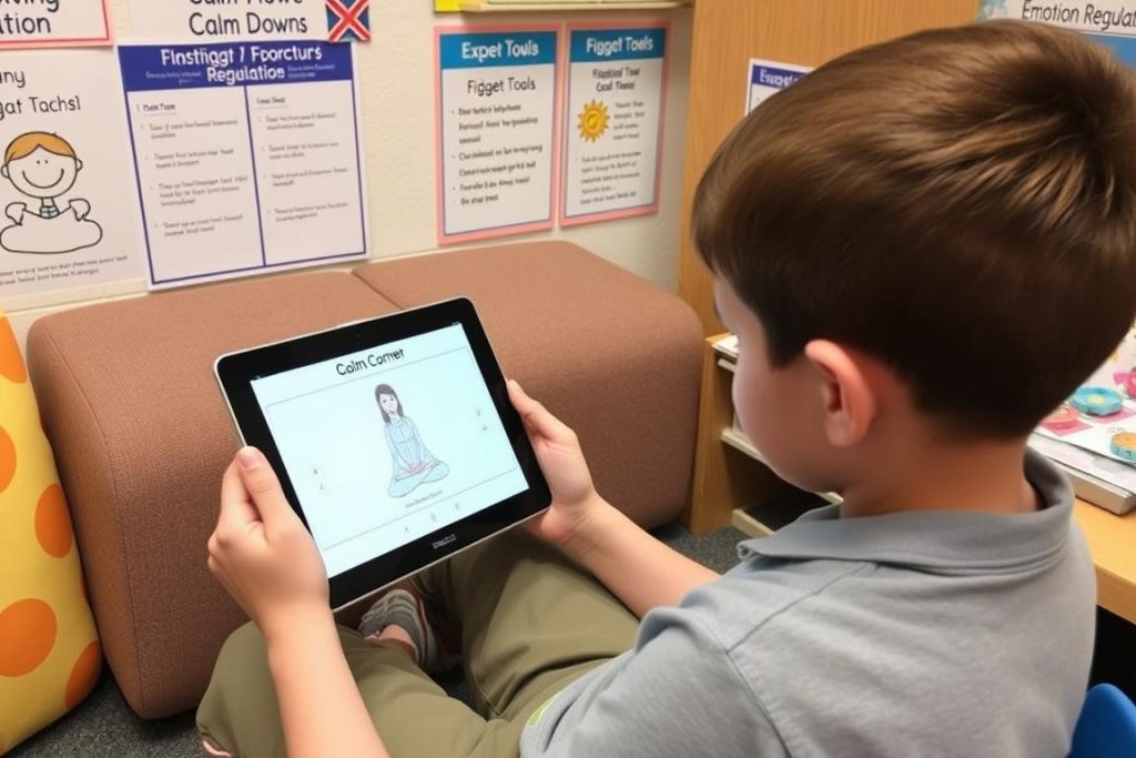 Student using a digital calm-down tool on a tablet in a classroom calm corner Student using a digital calm-down tool on a tablet in a classroom calm corner