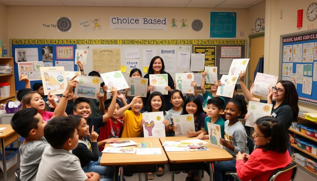 Students and teacher celebrating successful learning through student choice implementation