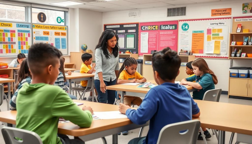 Students collaborating on a project with multiple learning options displayed