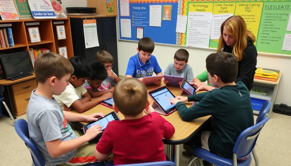 Students collaborating on digital devices in a respectful classroom setting Students collaborating on digital devices in a respectful classroom setting