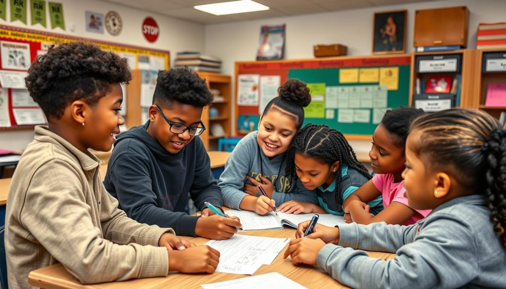 Students engaged in collaborative learning activities in a classroom implementing Standards-Based Curriculum
