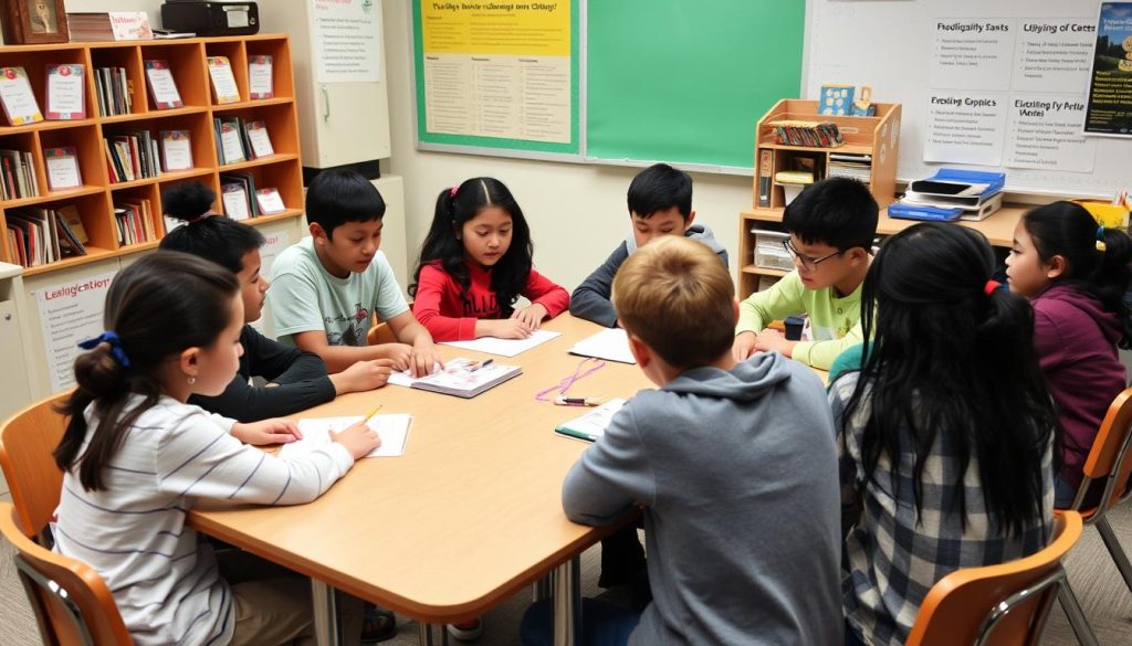 Students engaged in collaborative learning following ELL best practices