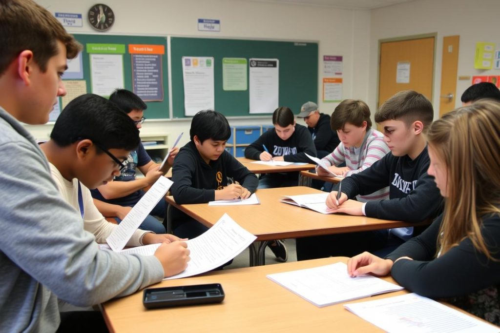 Students engaged in peer feedback session with clear assessment criteria