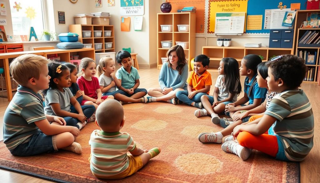 Students participating in a classroom meeting, demonstrating community-building best practices Students participating in a classroom meeting, demonstrating community-building best practices