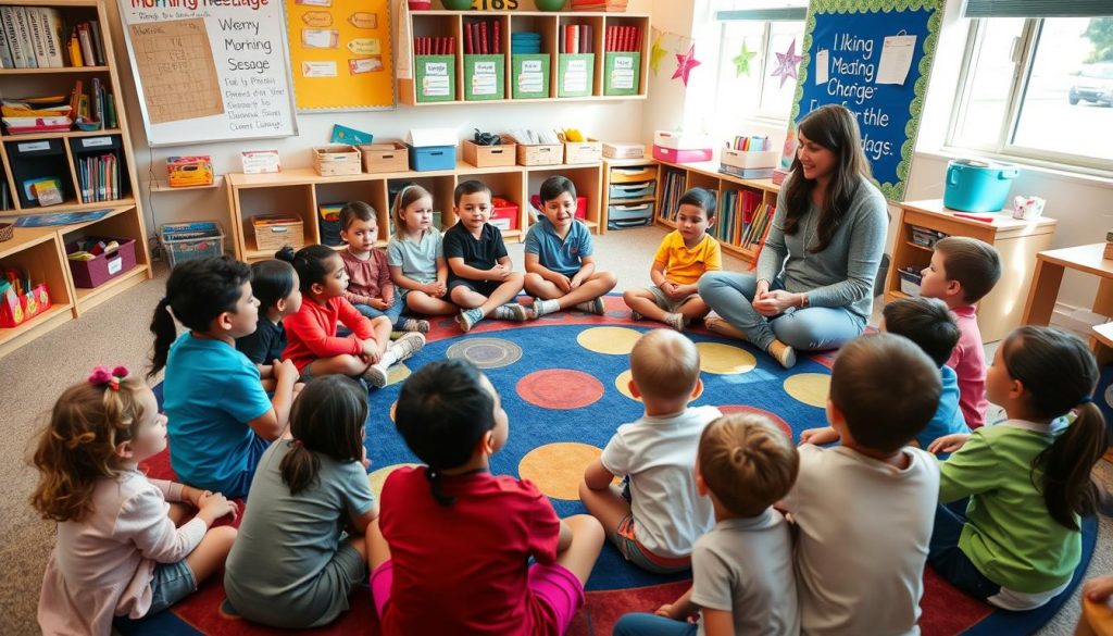Students participating in a morning meeting circle in a respectful classroom Students participating in a morning meeting circle in a respectful classroom