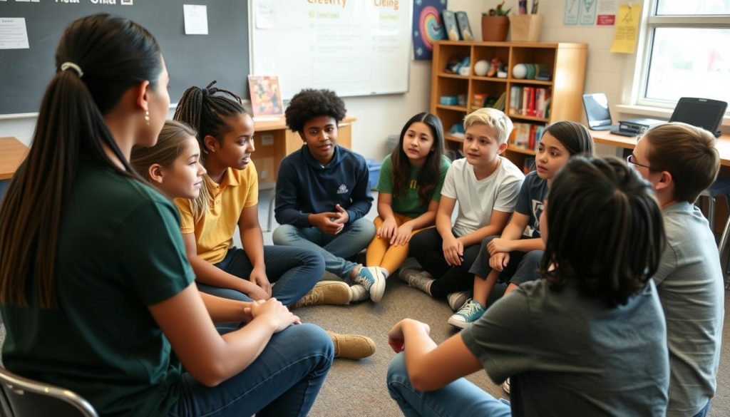 Students participating in a restorative circle as an Effective Classroom Strategy Students participating in a restorative circle as an Effective Classroom Strategy