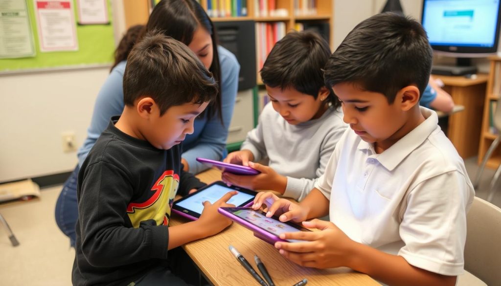 Students using translation apps and digital visual supports on tablets in an inclusive classroom Students using translation apps and digital visual supports on tablets in an inclusive classroom