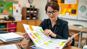 Teacher analyzing educational standards documents at desk Teacher analyzing educational standards documents at desk