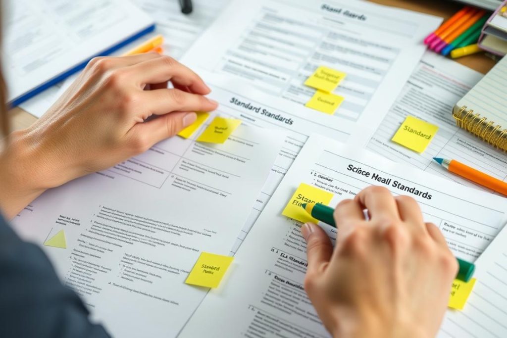 Teacher analyzing standards documents to identify integration opportunities across subjects Teacher analyzing standards documents to identify integration opportunities across subjects