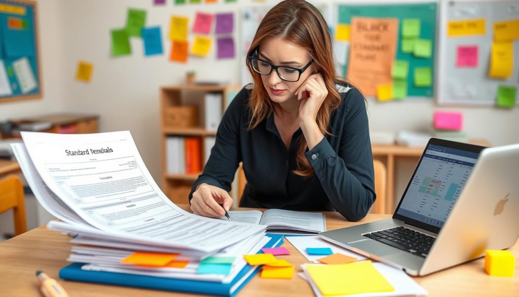 Teacher analyzing standards documents while planning lessons