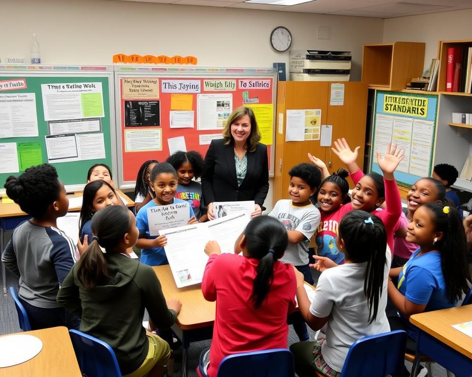 Teacher and students celebrating successful integrated standards project