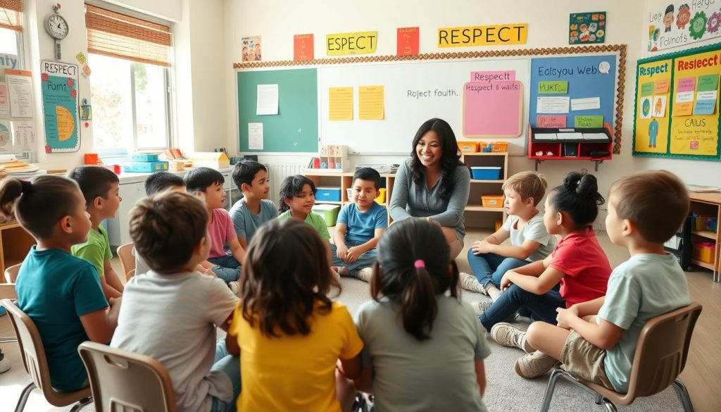 Teacher and students in a respectful classroom circle discussion Teacher and students in a respectful classroom circle discussion