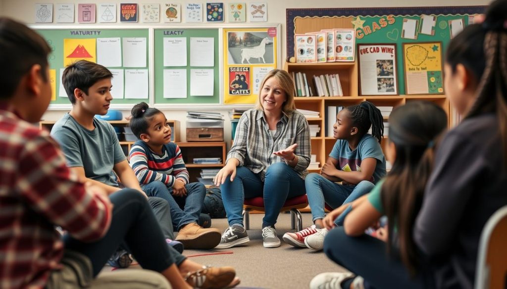 Teacher building positive relationships with students during a classroom activity
