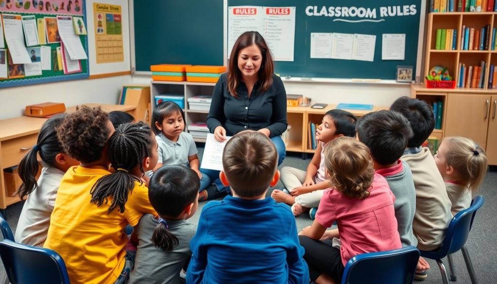 Teacher calmly discussing classroom expectations with diverse elementary students, highlighting the Importance of Effective Discipline