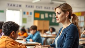 Teacher calmly speaking with a student in a classroom demonstrating Love and Logic Core Teacher calmly speaking with a student in a classroom, demonstrating Love and Logic Core Principles in action