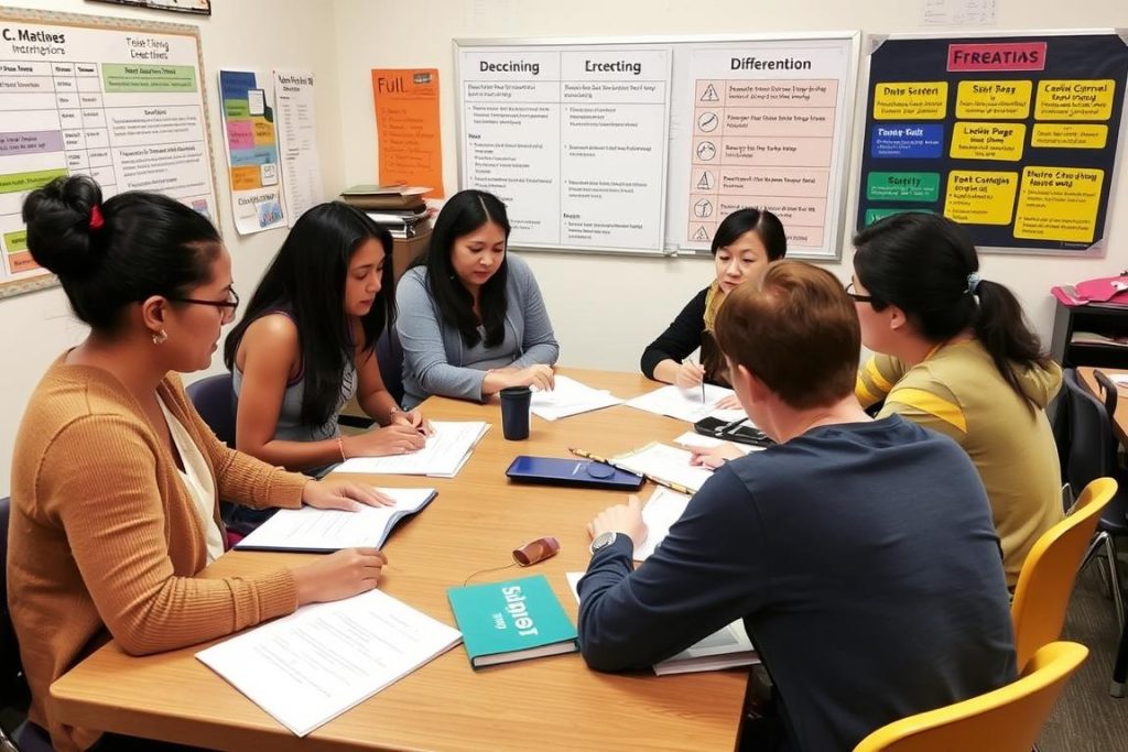 Teacher collaborating with colleagues and specialists to support English language learners Teacher collaborating with colleagues and specialists to support English language learners