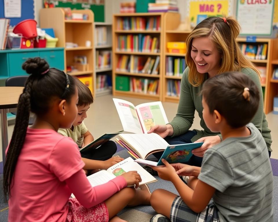 Teacher conducting small group reading instruction Teacher conducting small group reading instruction