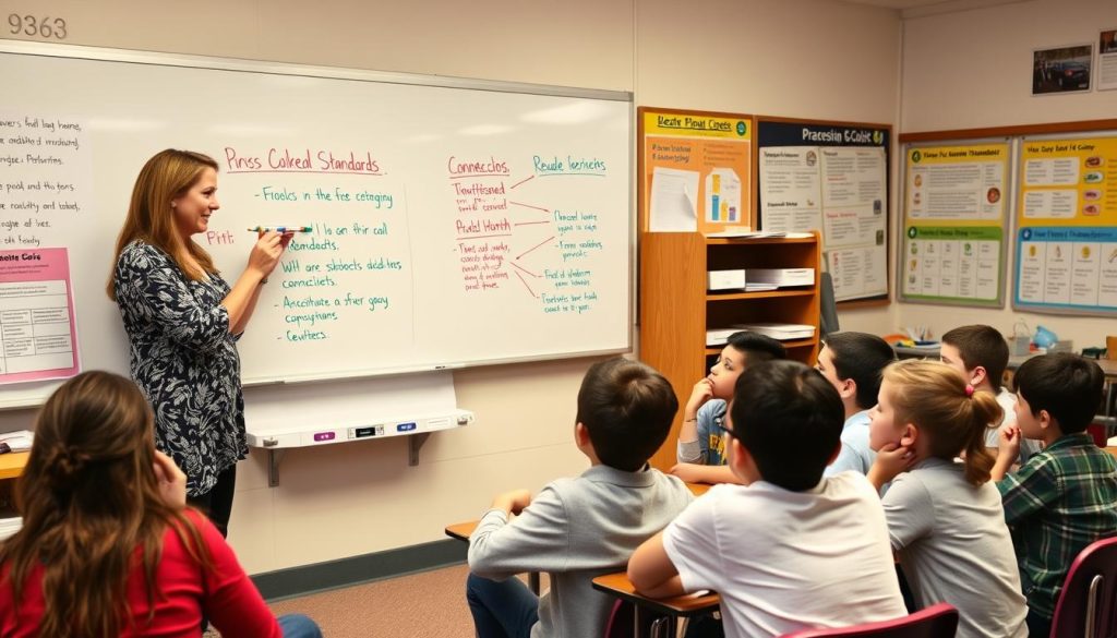 Teacher connecting different subject standards on a whiteboard with students engaged in discussion