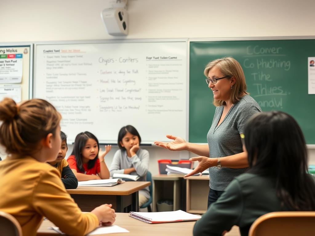 Teacher demonstrating comprehensible input best practices with ELL students